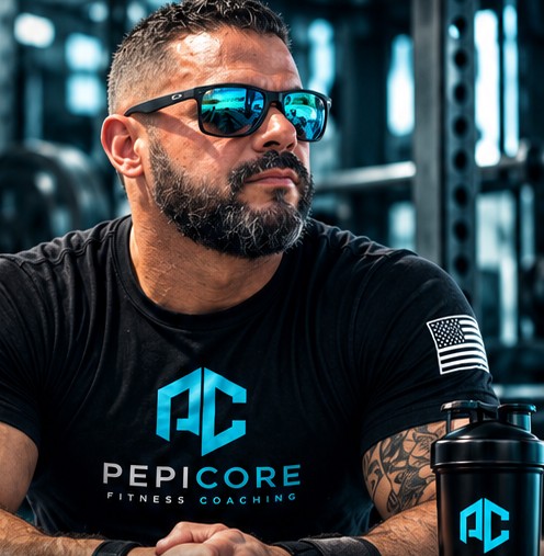 PepiCore360 coach in a branded shirt sitting in the gym