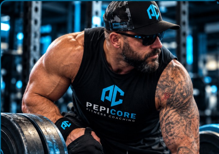 Coach in PepiCore branded apparel leaning over a loaded barbell