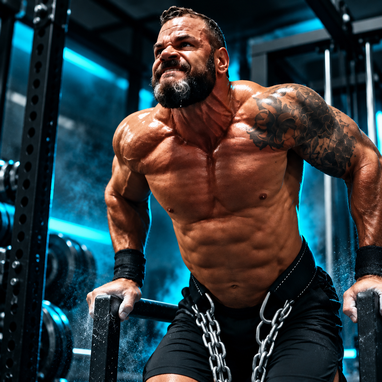Muscular athlete performing weighted dips in an aqua-lit gym