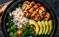 Balanced bowl of chicken, rice and vegetables